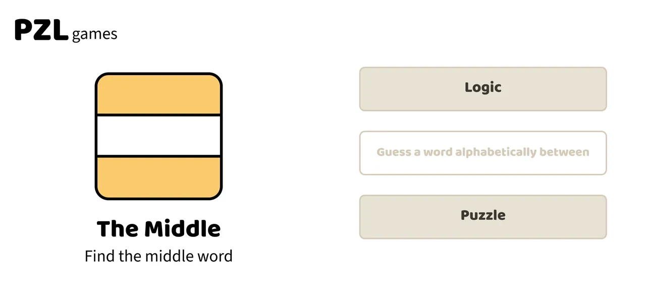 Middle Word share card from PZL games: the game's icon, Find the middle word, between Logic and Puzzle