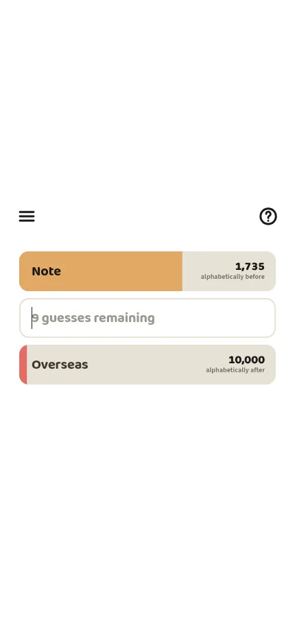Middle Word on a phone: the guess Note, 1,735 words before the answer, with 9 guesses remaining