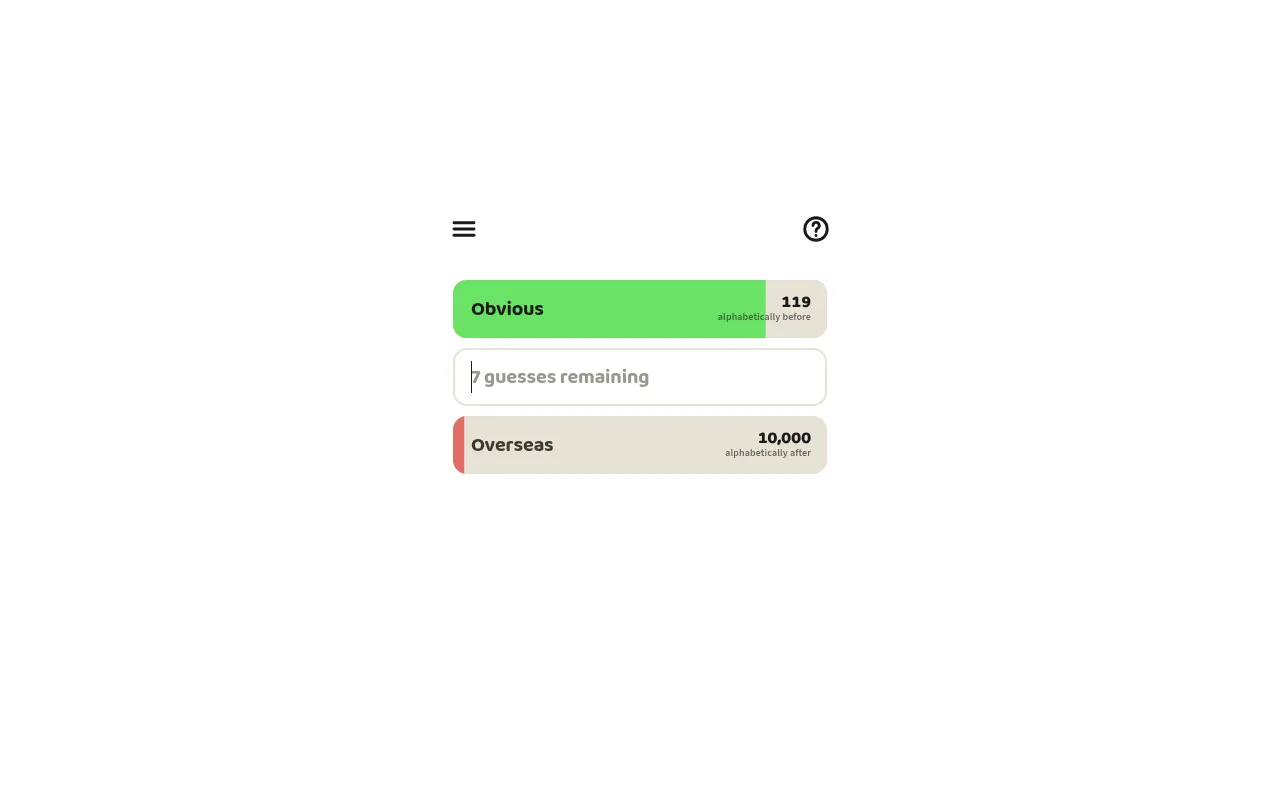 Middle Word in play: the guess Obvious, 119 words before the answer, above the input with 7 guesses remaining and Overseas below