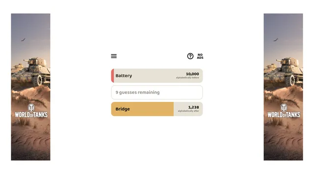 Middle Word's board for 19 October 2026: Battery above, the guess Bridge 1,238 words after the answer, 9 guesses left, Venatus ads at the sides