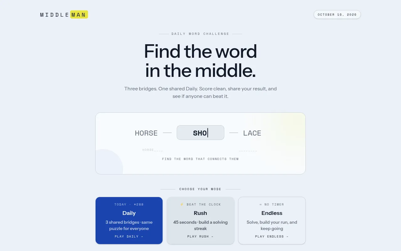 Middleman's home page with a HORSE to LACE example bridge and the Daily, Rush and Endless modes