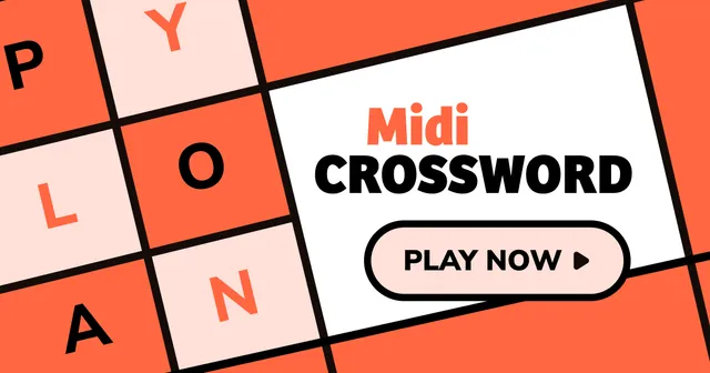Midi Crossword social card with orange crossword squares spelling PYLON and a Play Now button