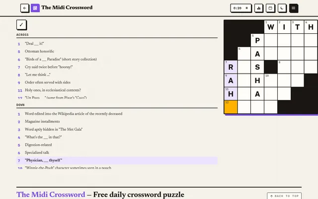 The Midi Crossword on Greatest Games: Wednesday's 7x7 grid part-solved with WITH, PASHA and RAH filled in, beside its Across and Down clues