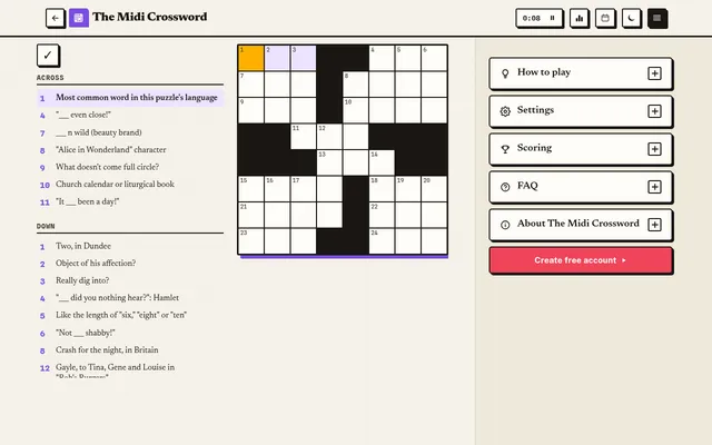 The Midi Crossword on Greatest Games: Saturday's empty 8x8 grid with black squares, beside its Across and Down clues