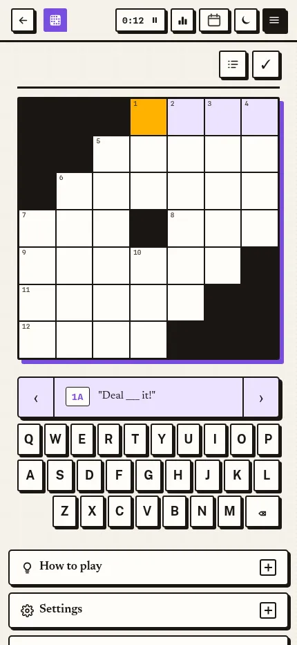 The Midi Crossword at phone size: the empty 7x7 grid with the current clue bar and an on-screen keyboard below it