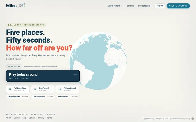 Miles Off home page for Daily #80: the unlabelled 3D globe over the Atlantic beside a Play today's round button and the Full Expedition, Clue Round and Picture Round modes