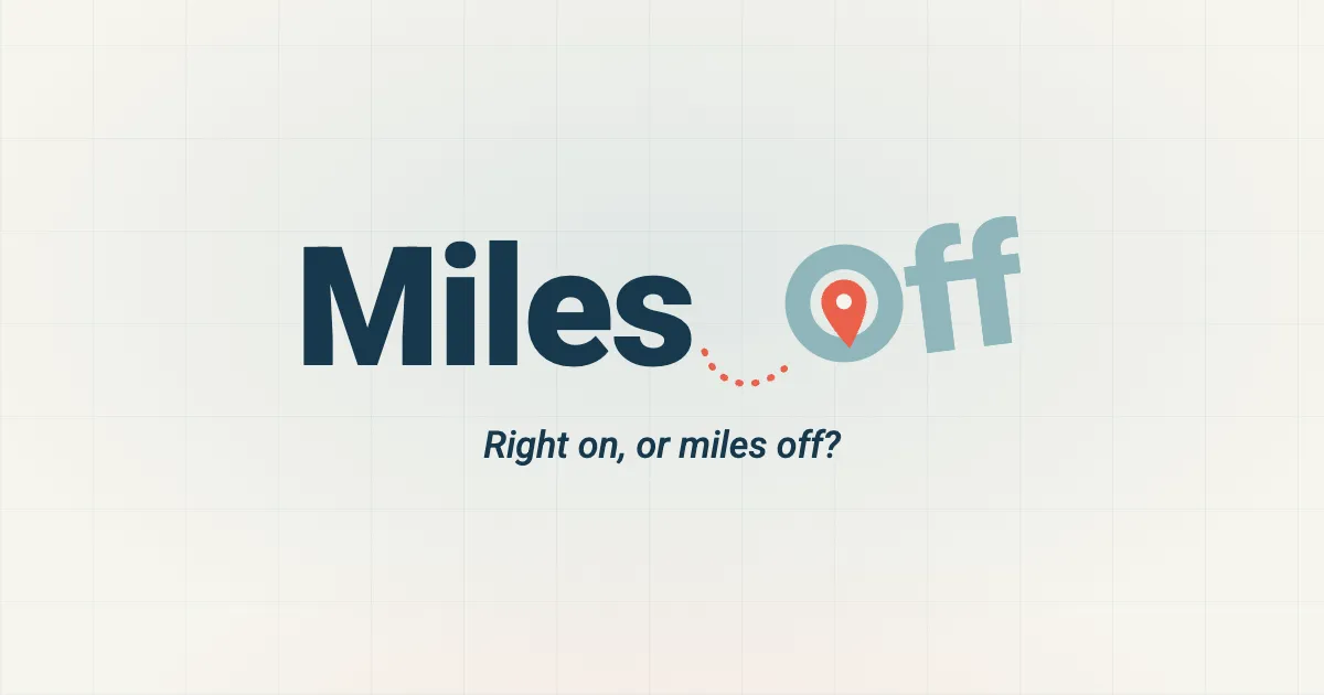 Miles Off logo with a map pin in the O and the line Right on, or miles off?