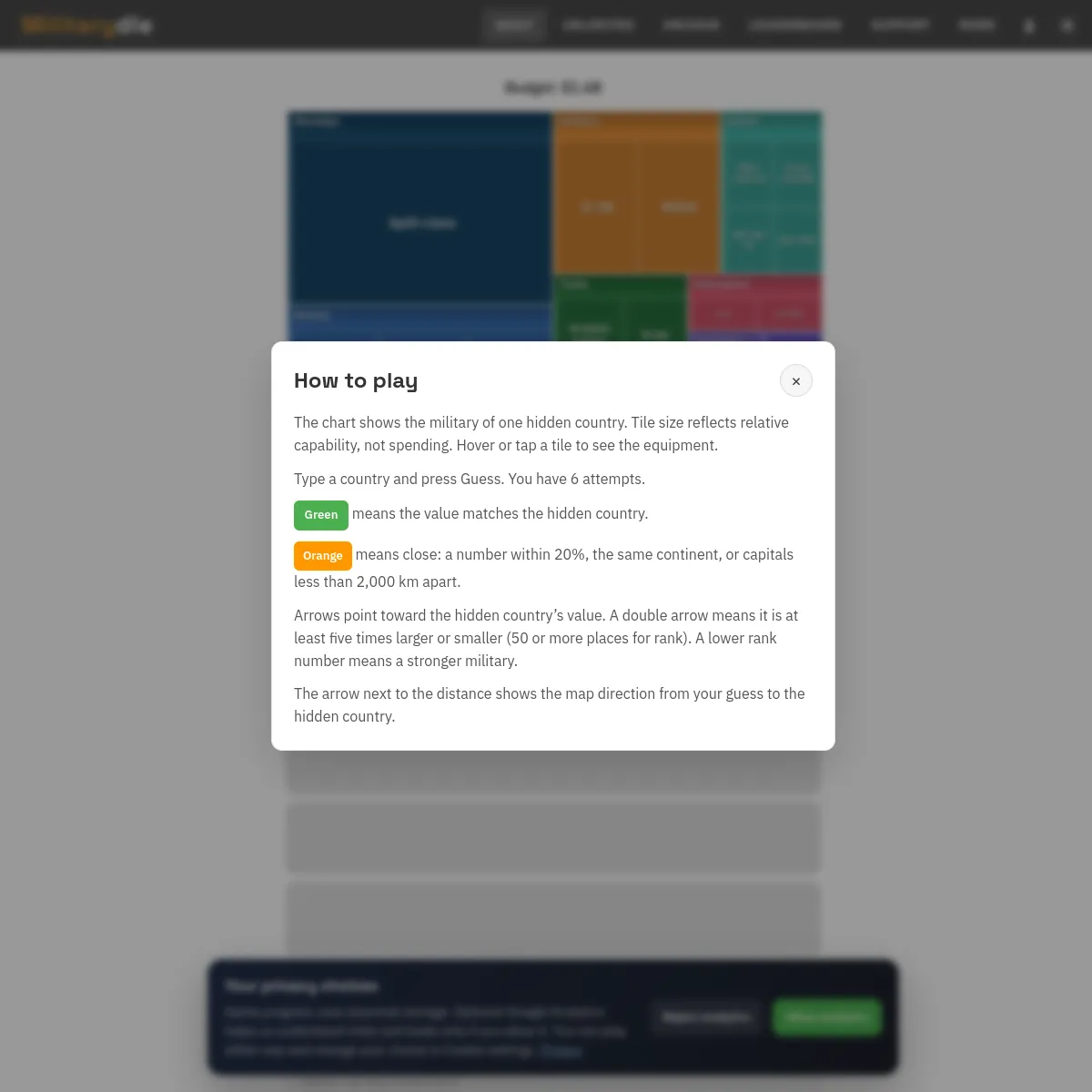 Militarydle How to play box explaining green and orange feedback and arrows, over the hidden country's military chart