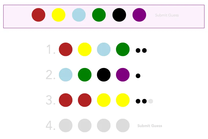 A Mind Control board with a six-colour palette, three guesses of four coloured pegs with black and grey feedback dots, and an empty fourth row