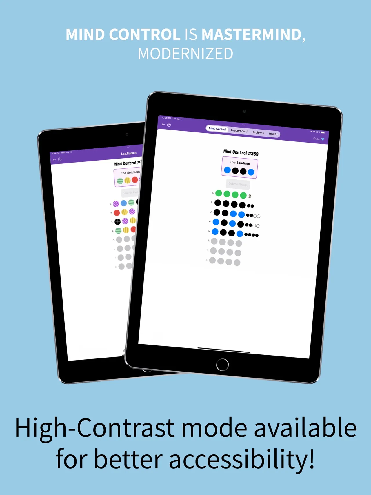 App Store image 'Mind Control is Mastermind, modernized' with two iPads showing solved Mind Control puzzles and the note that a High-Contrast mode is available
