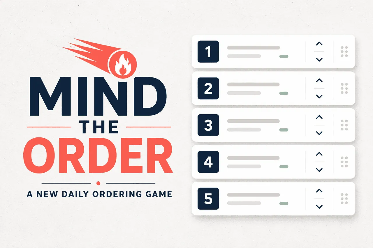 Mind the Order logo, A new daily ordering game, beside five numbered cards with up and down arrows