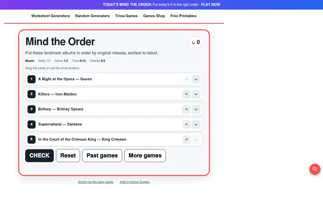 Mind the Order's board on 20 October 2026: five landmark albums to order by release date, with arrow buttons, the Daily 1/3 counter, timer and Check button