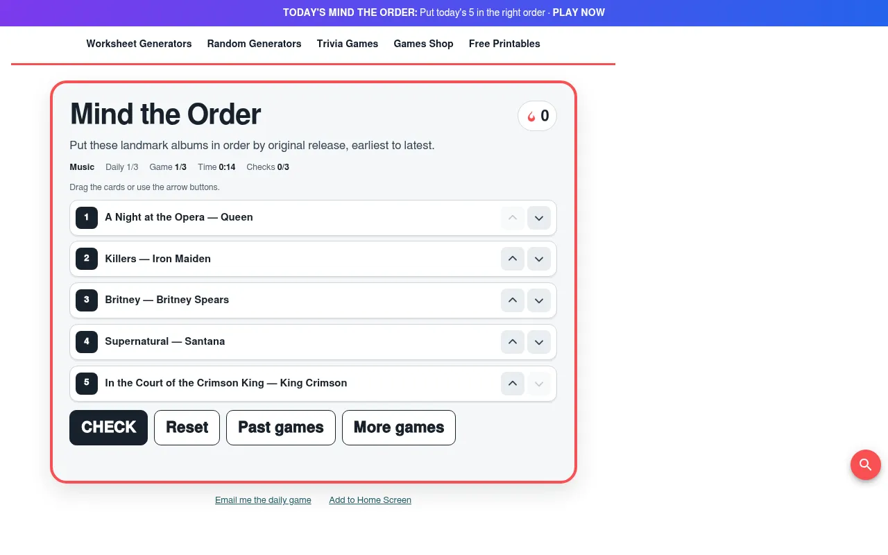 Mind the Order's board on 20 October 2026: five landmark albums to order by release date, with arrow buttons, the Daily 1/3 counter, timer and Check button