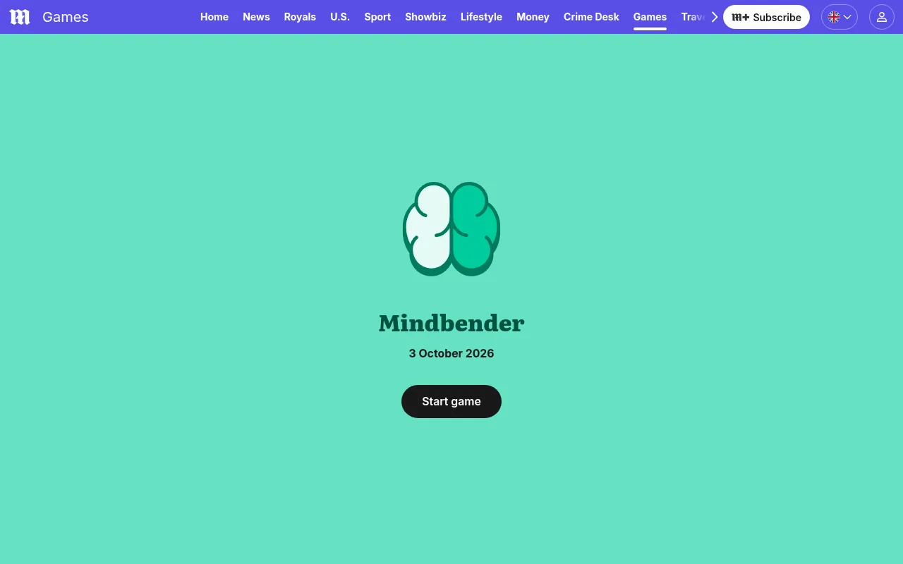 The Mindbender start screen on the Daily Mail games page: the game's brain icon and name, the date 3 October 2026 and a button to start the day's quiz