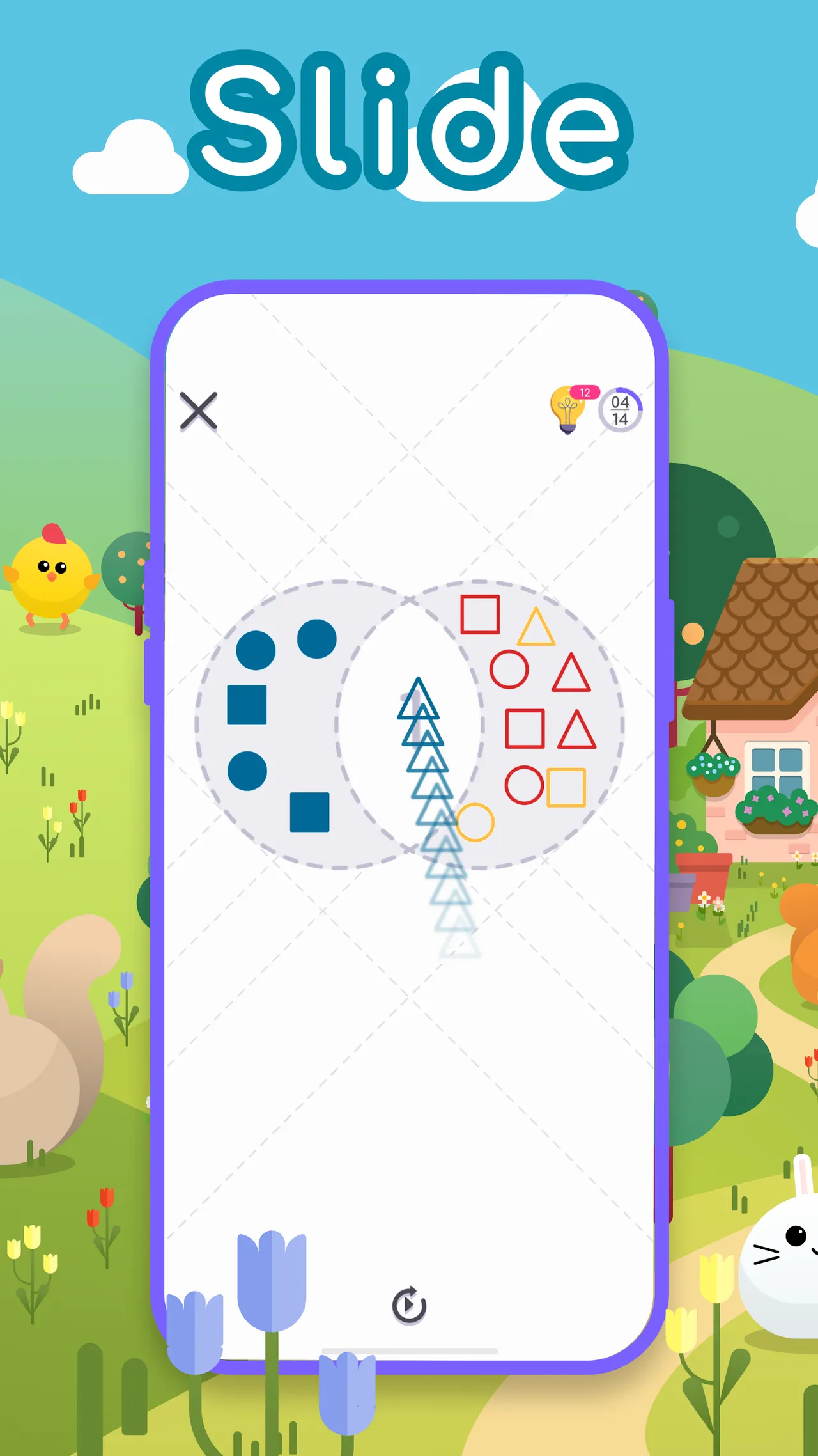 Mindset GO! store screenshot under the word Slide: a blue triangle sliding into the overlap of two circles holding blue shapes and red and yellow outlines