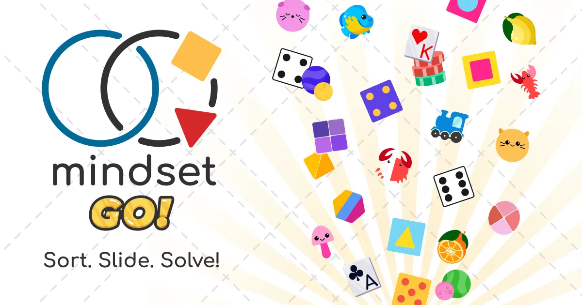 The Mindset GO! logo with the line Sort, Slide, Solve beside a spray of shape sets such as dice, cards, fruit and cats