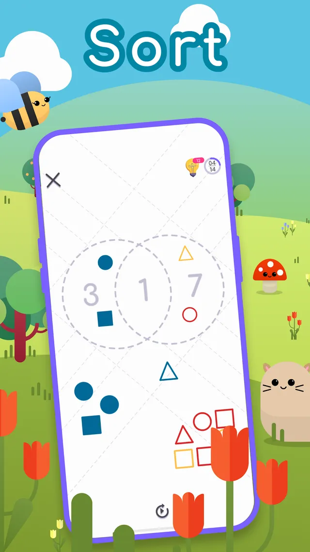 Mindset GO! store screenshot under the word Sort: a phone showing two overlapping dashed circles with blue, red and yellow shapes being sorted into them