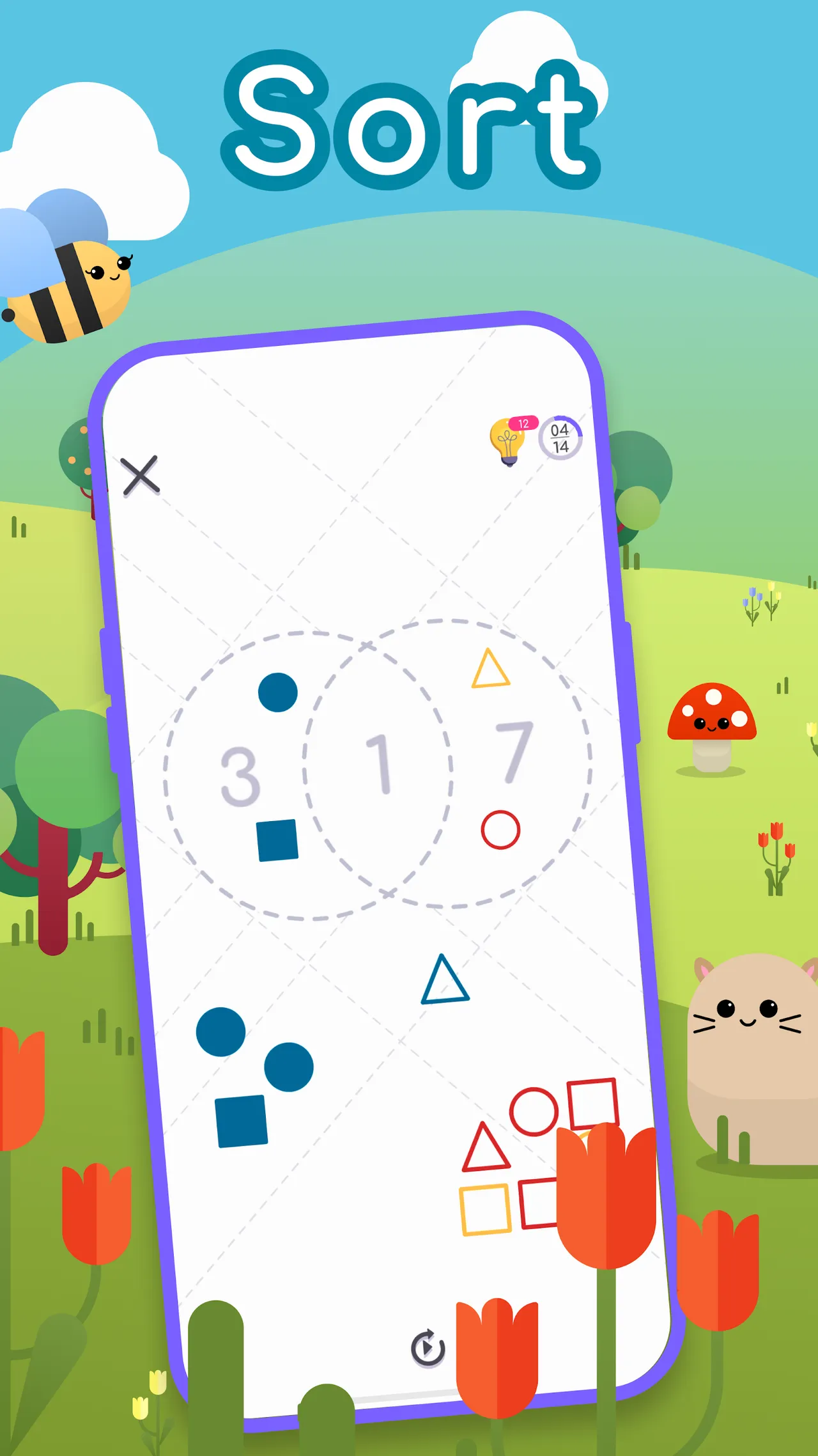 Mindset GO! store screenshot under the word Sort: a phone showing two overlapping dashed circles with blue, red and yellow shapes being sorted into them