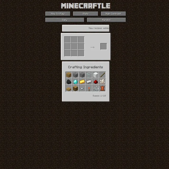 Minecraftle showing a Minecraft-style 3x3 crafting grid with an arrow to a result slot, a Crafting Ingredients panel of block and item icons, Daily and Random buttons, and a Guess 1/10 counter.