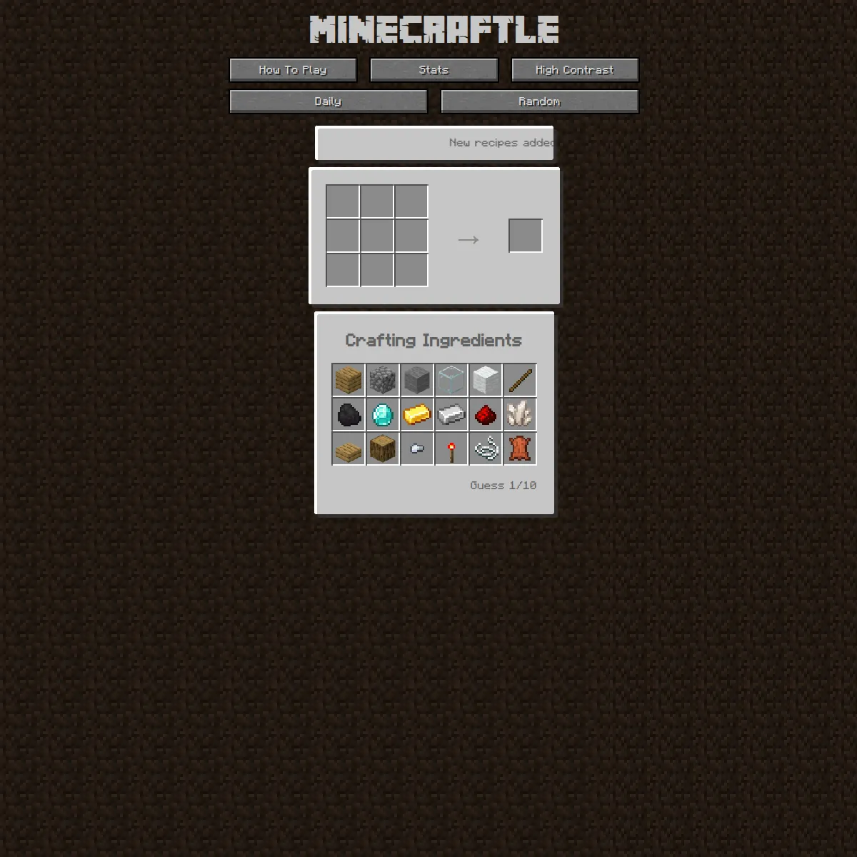 Minecraftle showing a Minecraft-style 3x3 crafting grid with an arrow to a result slot, a Crafting Ingredients panel of block and item icons, Daily and Random buttons, and a Guess 1/10 counter.