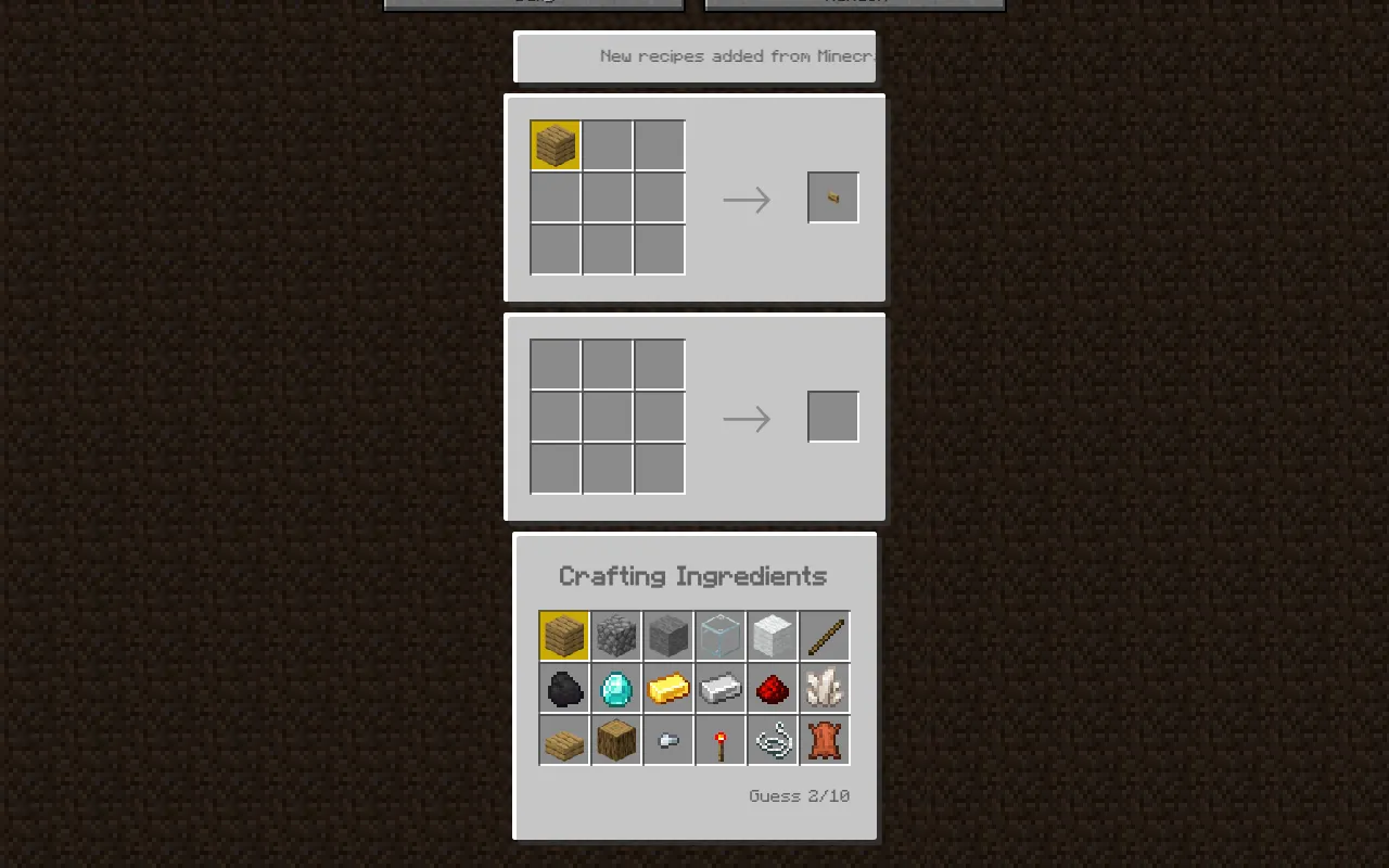 Minecraftle board of today after a first guess: oak planks in the top-left square marked orange, the guessed item in the result slot, an empty grid below and Guess 2/10