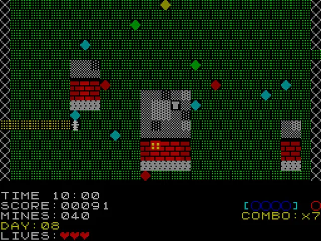 A Minefield level in ZX Spectrum style: a green field with red brick buildings, coloured gems and a yellow trail of footprints, with time, score, mines and Day 08 shown below