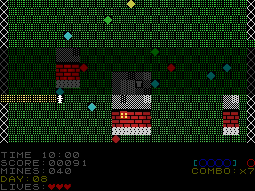 A Minefield level in ZX Spectrum style: a green field with red brick buildings, coloured gems and a yellow trail of footprints, with time, score, mines and Day 08 shown below