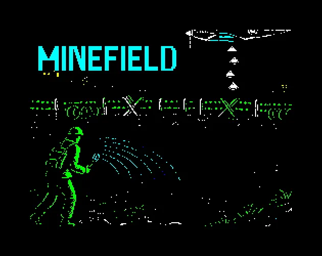 Minefield title art: a soldier sweeping a detector across a field under a plane dropping bombs