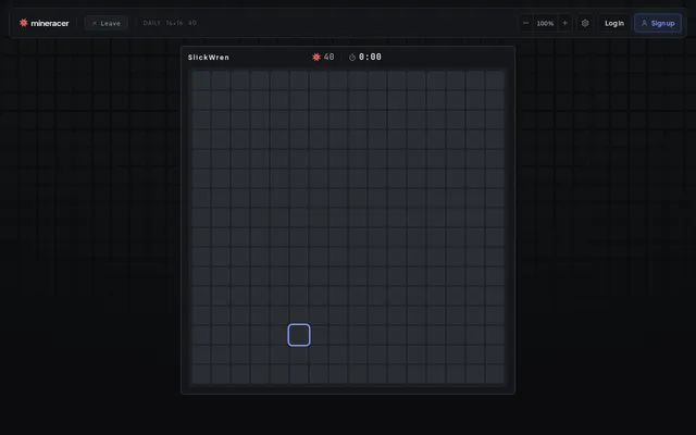 The Mineracer daily board just started: a 16x16 grid of closed cells with the 40 mine counter and a timer at 0:00