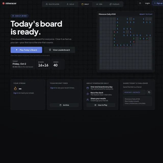 Mineracer Daily number 108 for Friday 2 October with a 16x16 board, 40 mines, a countdown to the next board and a Play Today's Board button