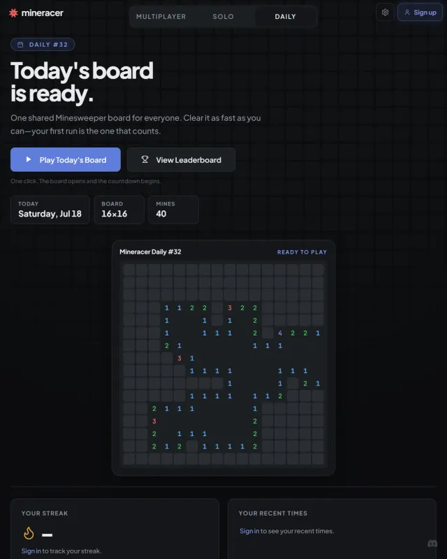 The Mineracer Daily #32 page from 18 July: a preview of the 16x16 board with 40 mines, the Play Today's Board and View Leaderboard buttons, and the streak panel