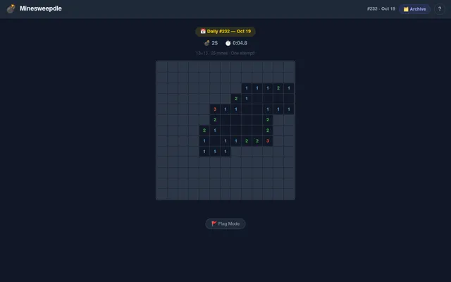 Minesweepdle daily #232 for Oct 19: a 13 by 13 board with 25 mines, its centre opened to number clues, timer running