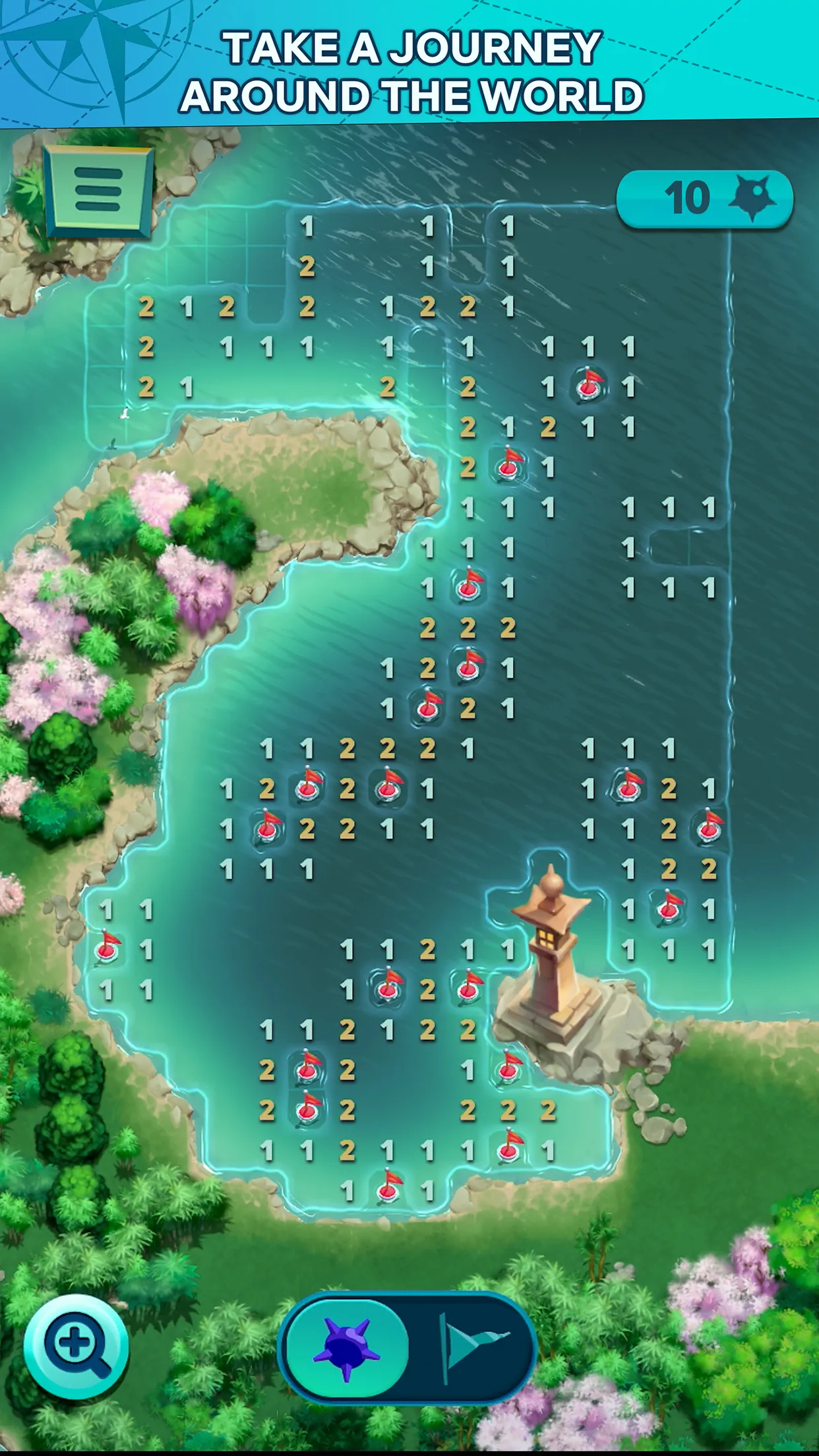 A large Minesweeper NETFLIX board along a Japanese coast with a stone lantern, mostly cleared