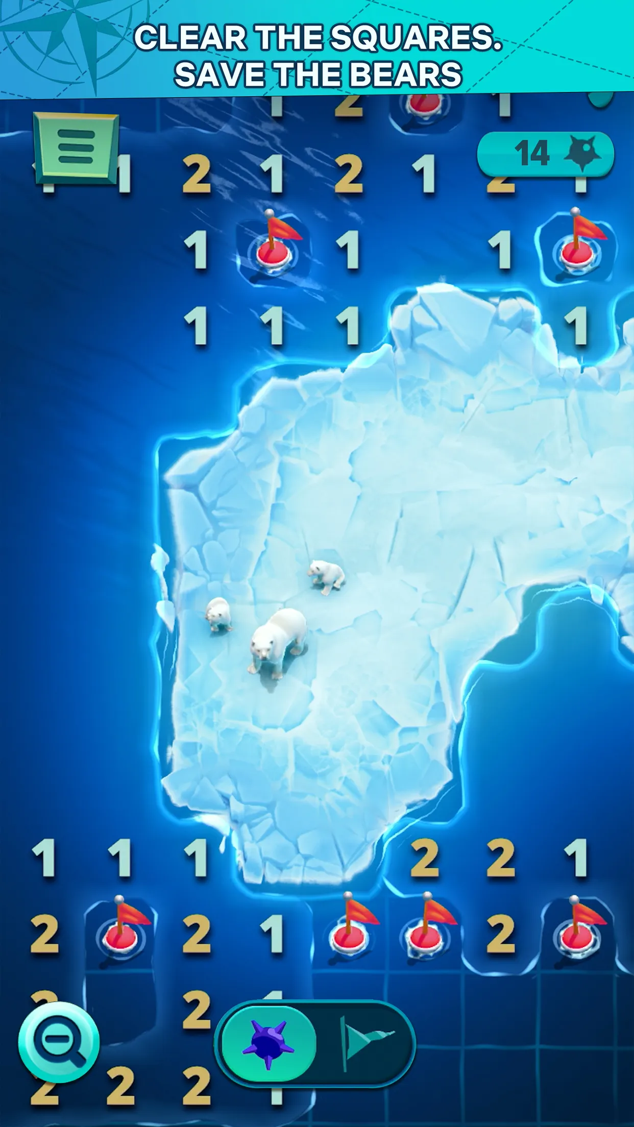 A Minesweeper NETFLIX board around an ice floe with polar bears, numbers and flags on the water