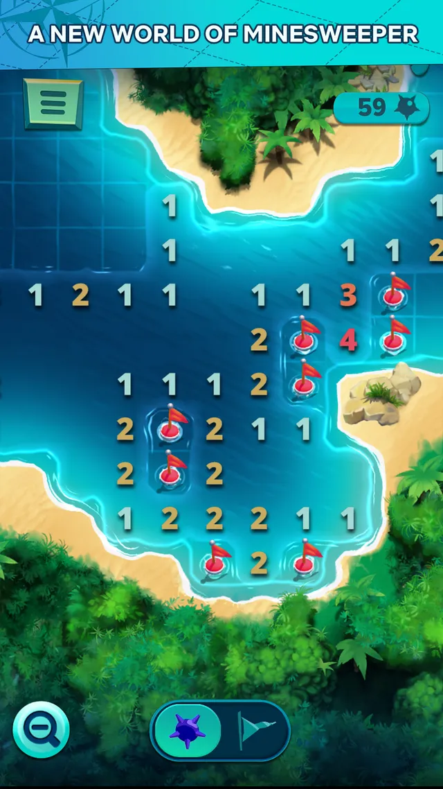A Minesweeper NETFLIX board over a tropical bay, with numbered squares, red flags on mines and a counter of 59 mines left