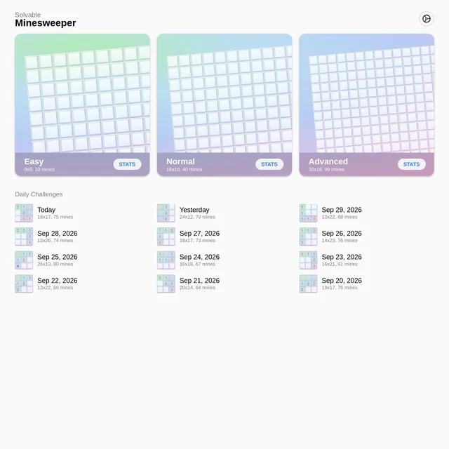 Mineswifter home screen with Easy, Normal and Advanced board cards and a Daily Challenges list for Today, Yesterday and earlier September 2026 dates with board sizes and mine counts