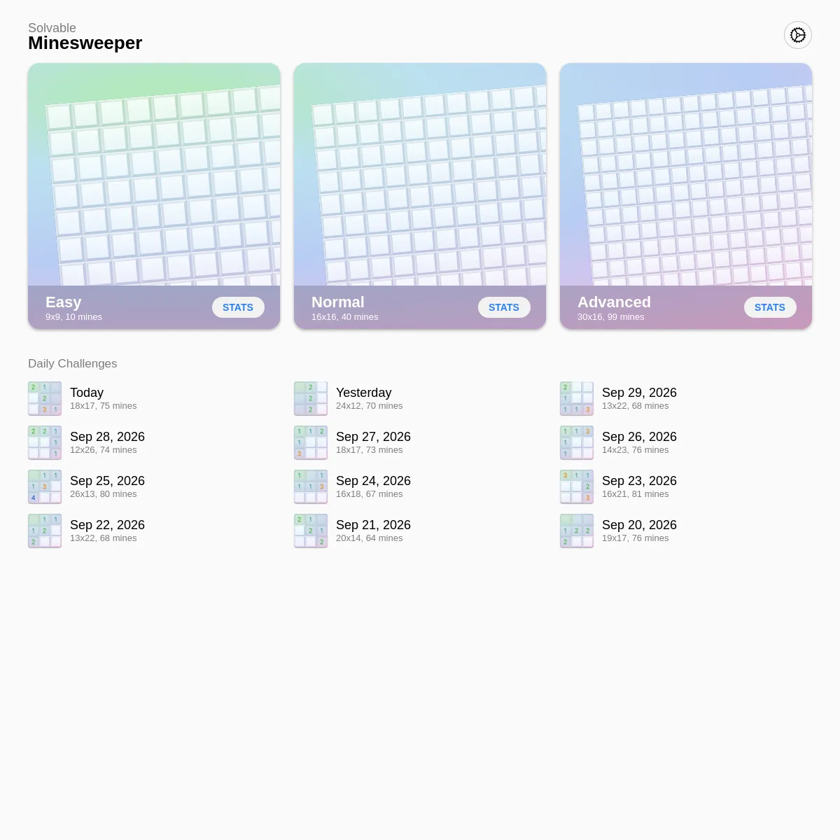 Mineswifter home screen with Easy, Normal and Advanced board cards and a Daily Challenges list for Today, Yesterday and earlier September 2026 dates with board sizes and mine counts