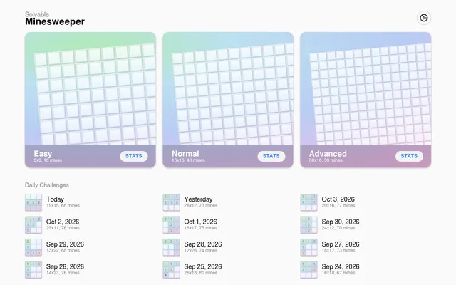 Mineswifter home screen: Easy, Normal and Advanced Minesweeper boards above a Daily Challenges list from Today (19x15, 68 mines) back through late September 2026