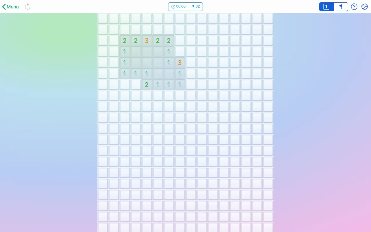 Mineswifter's Daily Challenge for Oct 16, 2026 in play: a 16x21 board with 82 mines, its opening area uncovered with number clues, timer and mine counter at the top