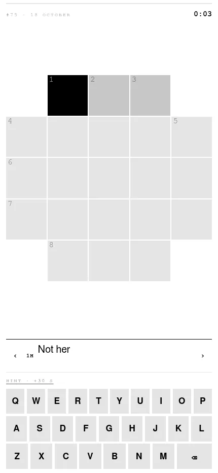 Mini·5 on a phone: today's empty 5x5 grid with black corners, the clue Not her and the game's keyboard below