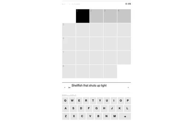 Mini·5 for 4 October: an empty 5x5 mini crossword with numbered squares, the first across clue Shellfish that shuts up tight, a timer and an on-screen keyboard