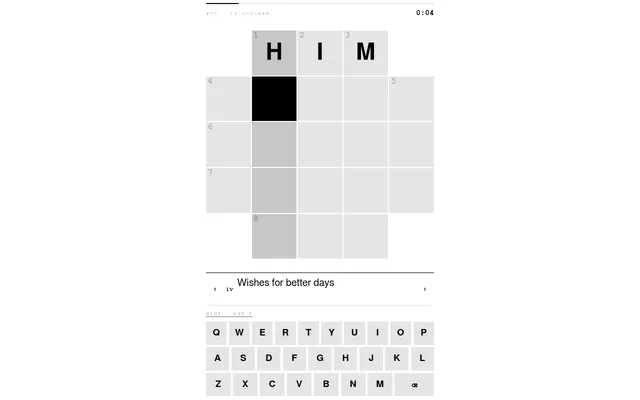 Mini·5 puzzle 75 for 18 October on desktop: the 5x5 grid with HIM filled in at 1 Across, the clue Wishes for better days, the timer and the on-screen keyboard