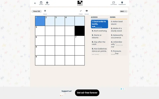 Mini 5x5 for 18 October 2026: today's empty 5x5 grid with one black square, the timer running, and the Across and Down clues beside it