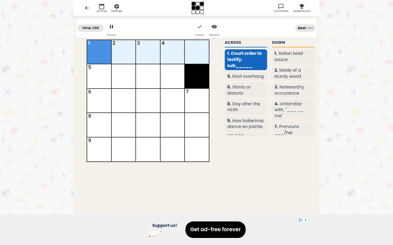 Mini 5x5 for 18 October 2026: today's empty 5x5 grid with one black square, the timer running, and the Across and Down clues beside it