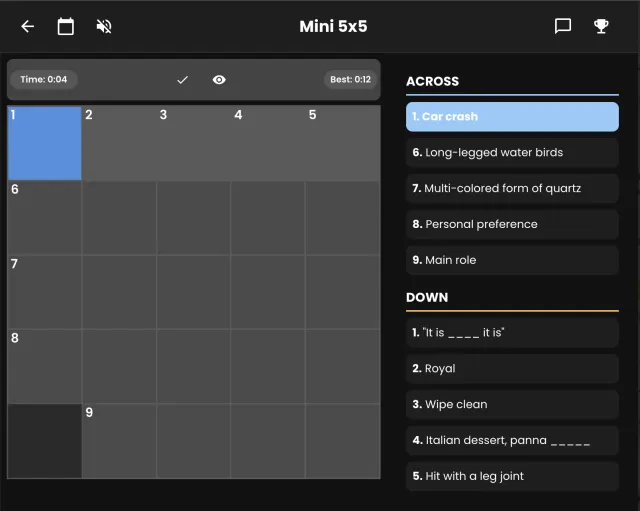 Mini 5x5 in dark mode: an empty 5x5 grid with a timer and best time, and Across and Down clue lists