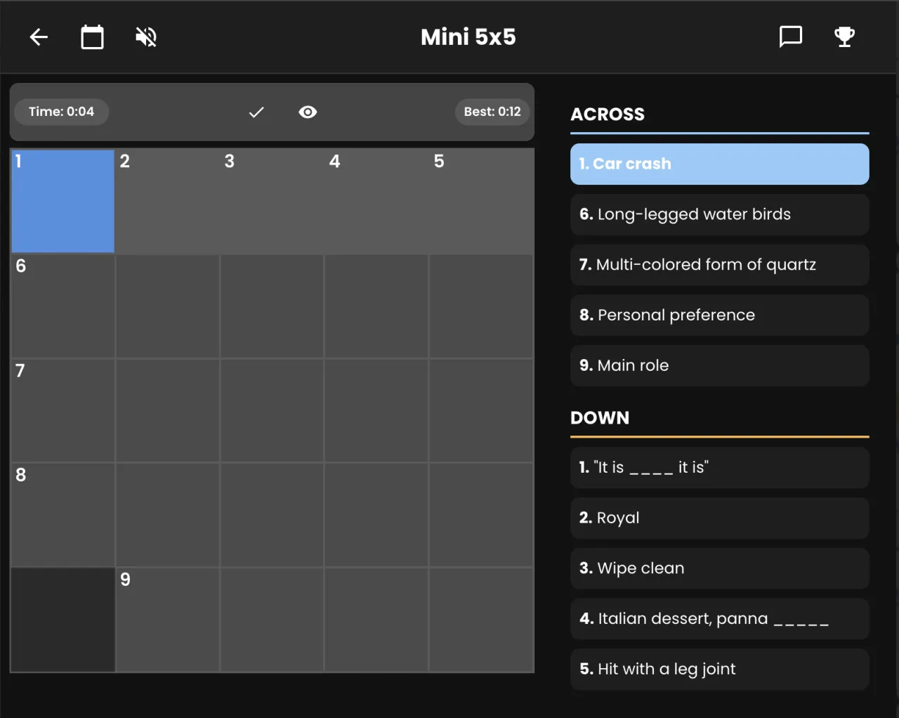 Mini 5x5 in dark mode: an empty 5x5 grid with a timer and best time, and Across and Down clue lists