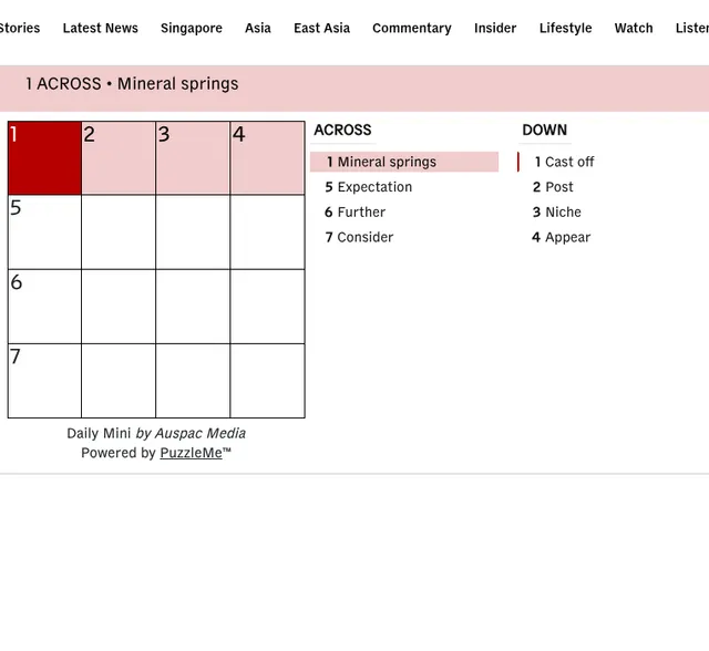 CNA's Daily Mini for 19 October 2026 (Singapore date): an empty four by four grid with 1 Across, Mineral springs, highlighted beside the Across and Down clue lists
