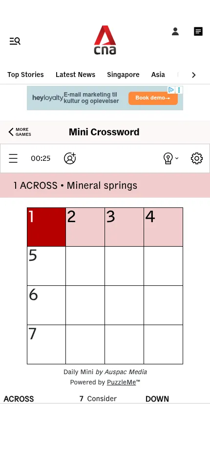 CNA's Mini Crossword on a phone: the timer, Assist bulb and settings above a four by four grid, with 1 Across, Mineral springs, selected