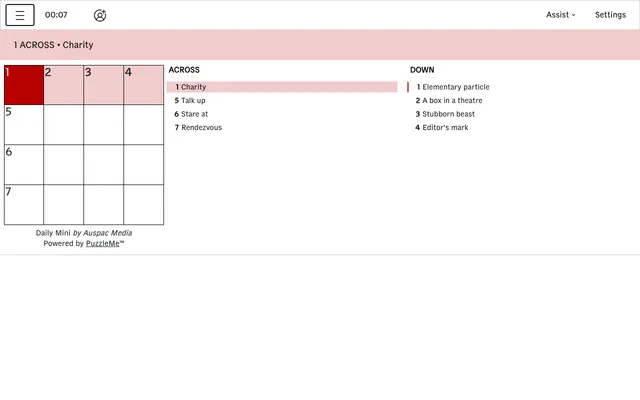 CNA's Daily Mini for 6 October 2026: an empty four by four grid with the clue 1 Across, Charity, highlighted beside the Across and Down clue lists