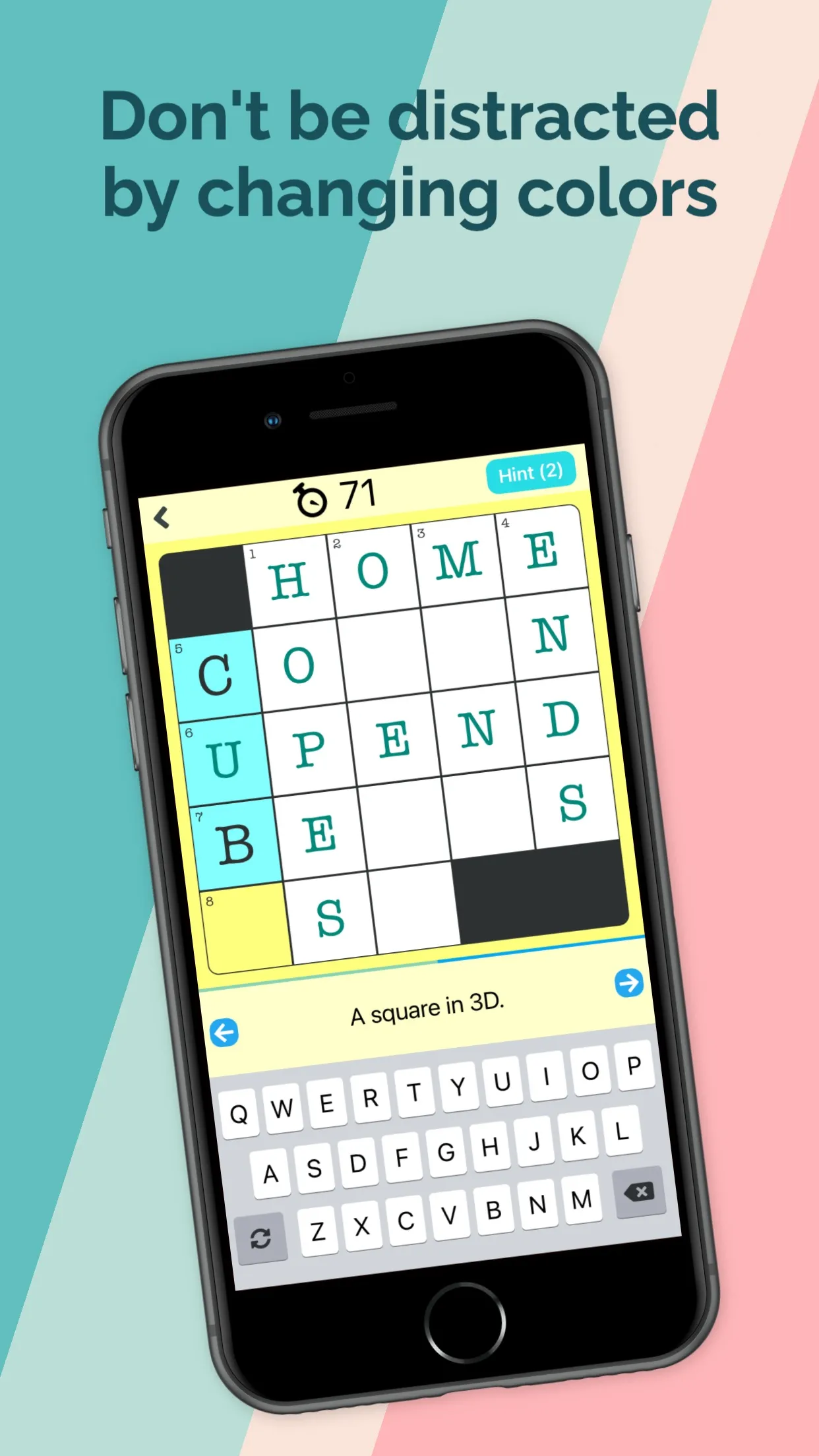 A Mini Crossword Daily grid mid-solve as the screen turns yellow with 71 seconds left